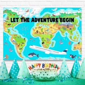 Adventure Awaits Backdrop Banner (Polyester) 70.8x47.2 Inches.